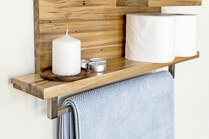 Straga Rustic Wall Mounted Bathroom Shelves - 23" Hardwood Shelf Organizers with 18" Towels Holder - A Modern Addition To Your Bathroom, Powder Room, Guest Bathroom and More (Wormy Maple)