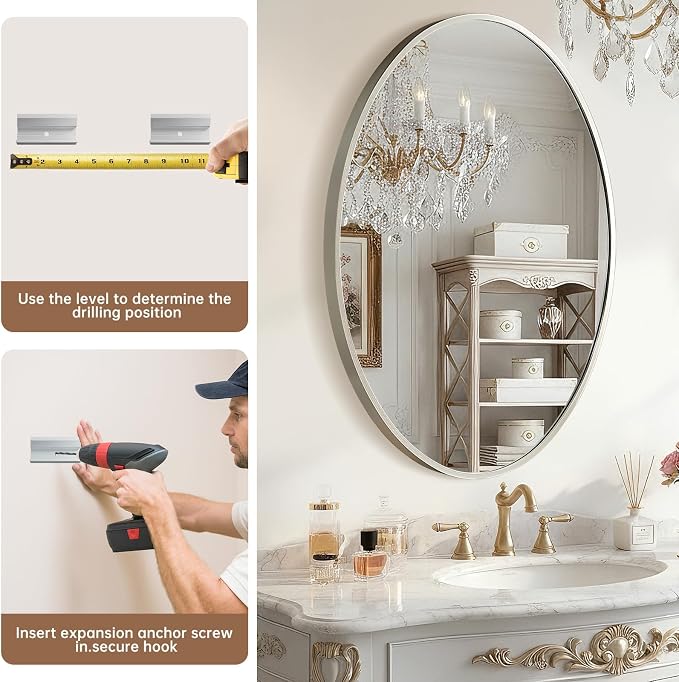 Oval Wall Mirror, 26"x38" Brushed Nickel Vanity Mirror, Bathroom Mirror of Metal Frame, Home Decorative Wall Mounted Mirror for Bathroom, Living Room, Entryway, Vanity