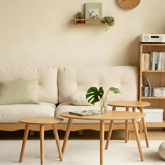 Small Oval Nesting Table, Mid Century Coffee Table for Living Room,Solid Oak Wood End Tables,Triangle Tabletop with 3 Legs,Minimalist Display Living Tables (Original Wood Color, 3 Pieces)