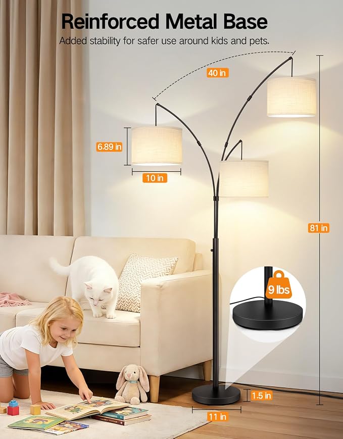OUTON Arc Led Floor Lamp, Modern Black 3 Light Tall Floor Lamp for Bedroom, 2400lm Mid Century Adjustable Standing Corner Lamps for Living Room Office, 3 LED Bulbs Included, White Lampshade