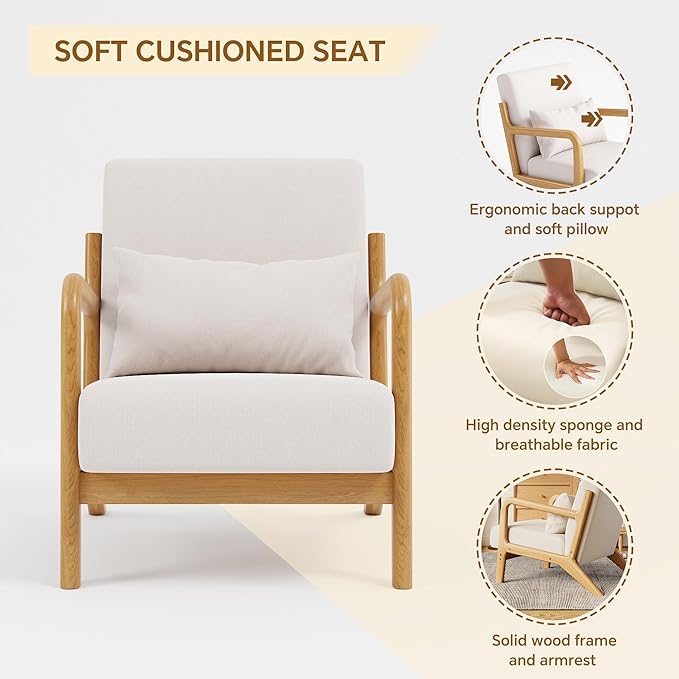 Solid Wood Accent Chair Mid-Century Modern Lounge Armchairs, Fabric Upholstered Soft Comfy Living Room Chairs with Armrest Waist Cushion Pillow for Office Reading Waiting Room (Off-White)