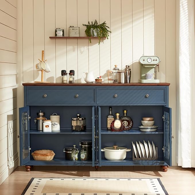 Large Sideboard Buffet Cabinet Set of 2 with Storage,59" Credenza with 4 Glass Doors & 2 Drawers,Adjustable Shelves Coffee Bar,Wood Kitchen Console Table for Dining Room,Blue