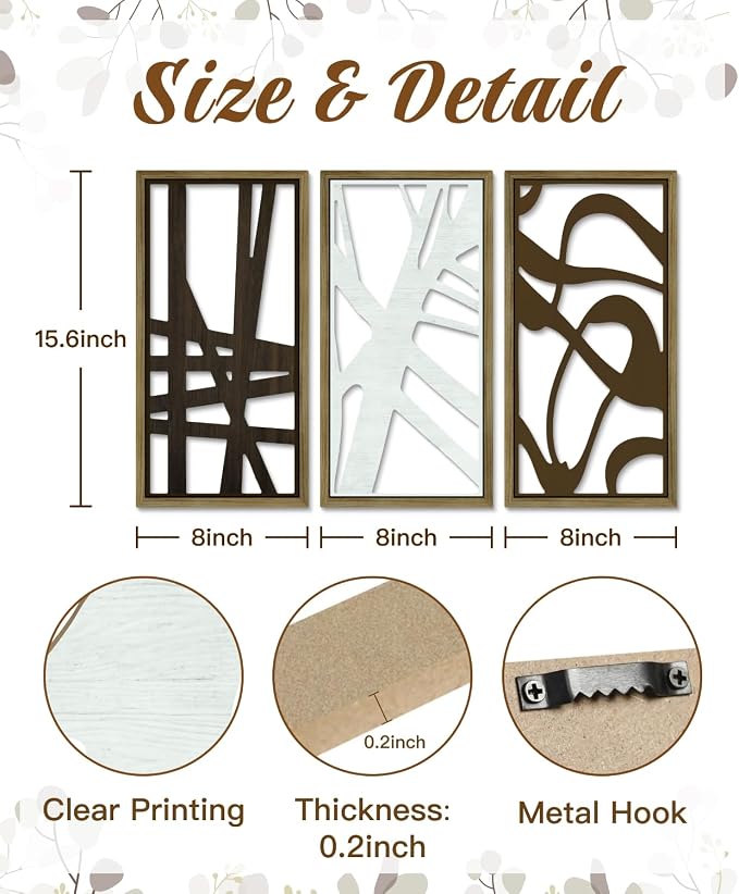 Putuo Decor 3PC Geometric Abstract Art Wall Decor Set, Modern Minimalist Line Cut Wall Art for Living Room, Brown and White Wooden Frame Abstract Wall Decor for Bedroom and Home Decoration