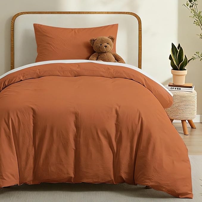 LOVQUE Burnt Orange Cotton Duvet Cover Twin Size, Linen Like Natural Bedding Set with Zipper Closure (No Comforter), 68x90 Inches