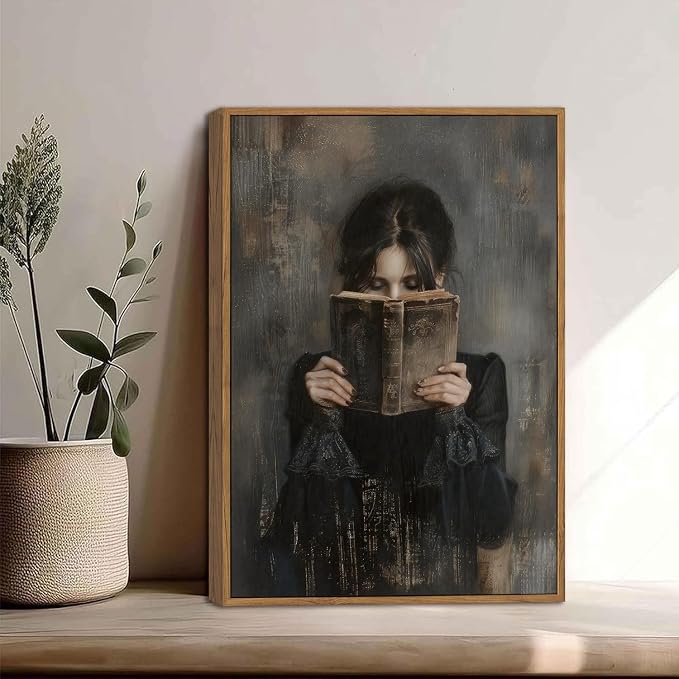 WALLZK Vintage Framed Wall Art Lady Reading Canvas Prints Dark Academia Moody Victorian Decor Pictures Artwork for Walls Living Room Study Bedroom Bathroom 12"x16"