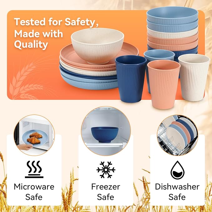 Wheat Straw Dinnerware Sets,64-Piece Plates and Bowls Sets for 8-Unbreakable,Reusable Plastic Dish Set-Dinner Plate/Dessert Plate/Cereal Bowl/Cup/Utensils-Microwavable Dishwasher Safe 64P-Gray
