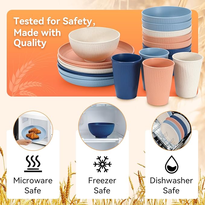 Hommaly Wheat Straw Dinnerware Sets,64-Piece Plates and Bowls Sets for 8-Unbreakable,Reusable Plastic Dish Set-Dinner Plate/Dessert Plate/Cereal Bowl/Cup/Utensils-Dishwasher Safe 64P-Coral Coast