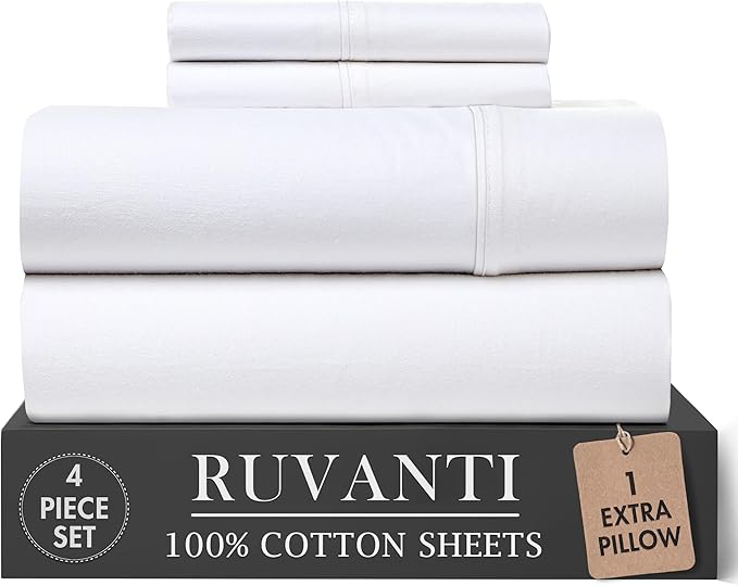 RUVANTI 100% Cotton Percale Sheets Twin Size 4 Piece Set, Cooling Bed Sheets for Hot Sleepers, Deep Pocket 16”, Breathable Lightweight & Durable, Crisp Hotel Style Sheets, Bright White