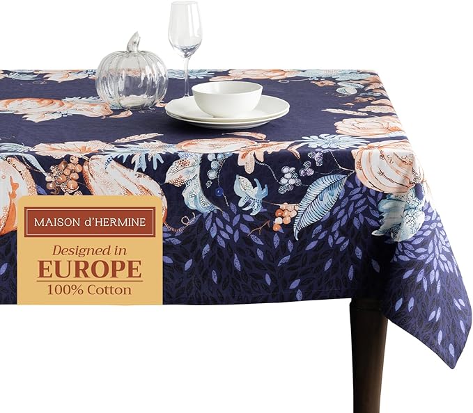 Maison d' Hermine Table Cloth Square Table 100% Cotton 54 x 54 Inches Fall Tablecloth Reusable Everyday Use for Thanksgiving Christmas Decorations Dining Farmhouse Party (Pumpkin Blues)
