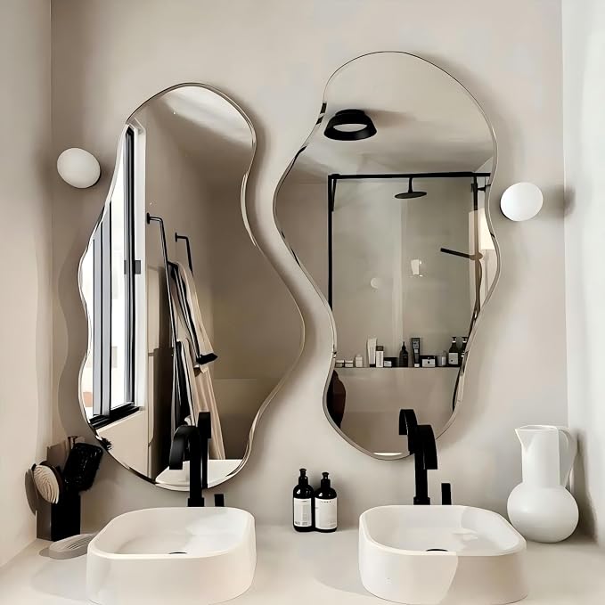 36 x 24 Beveled Edge Frameless Wall Mirror, Modern Asymmetrical Cloud Shape with a Wavy Irregular Design for Bathroom, Entryway, Bedroom, Living Room