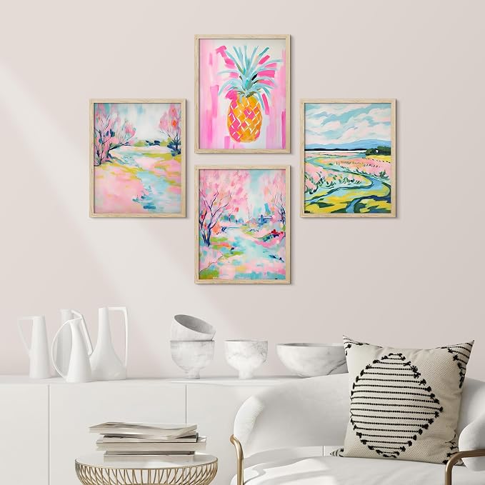 SIGNWIN Framed Vibrant Landscape and Pineapple Colorful Preppy Room Decor Pink Decor Digital Art Modern Art Decorative Multicolor Scenic for Bedroom - 8"x10"x 4 Natural