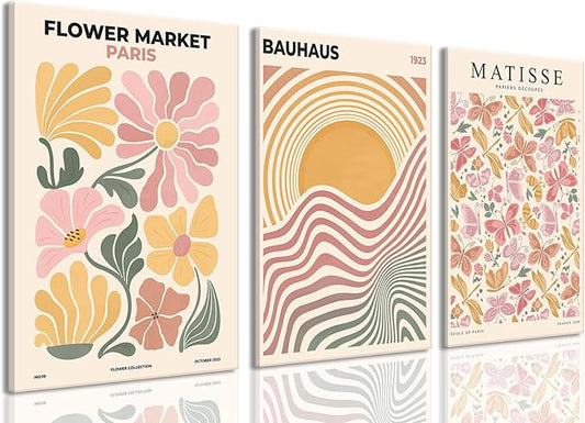 BingruiArt Boho Abstract Wall Art Yellow Canvas Flower Market Posters Set of 3 Bauhaus Pictures Matisse Print Floral Aesthetic Painting Decor for Dorm Living Room Bedroom 16"x24" Framed