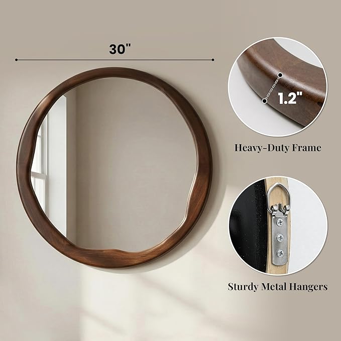 Round Dark Wood Mirror 30 Inch, Large Asymmetrical Wavy Frame Wall Mirror for Foyer, Fireplace, Solid Wood Irregular Luxury Decor