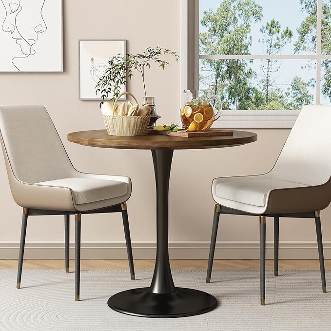 Round Dining Table 31.5" Circle Tulip Table with Wood Thickened Tabletop & Sturdy Metal Pedestal Mid Century Modern Farmhouse Kitchen Tables for 4 Small Places Living Room Cafe,Somber Walnut