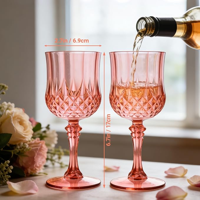 Plastic Wine Glasses, Plastic Goblets Vintage Style Cordial Drinking Glasses for Valentine’s Day, Wedding Reception, Grand Event Party Supplies (12, Rose Gold)