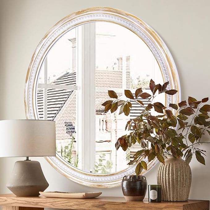 36 Inch Farmhouse Round Wood Mirror, Rustic Boho Circle Decorative Mirrors for Bathroom, Living Room, Entryway, Bedroom, Hallway