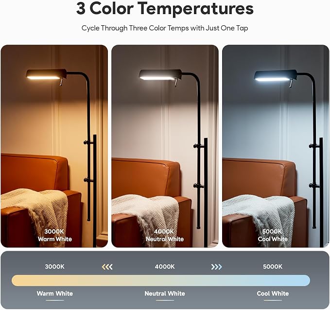 VONLUCE LED Floor Lamp, 62.5" Industrial Floor Lamp for Living Room with Adjustable Height Swing Arm Head 3 Color Temperatures, Metal Standing Pole Lamp for Bedroom Reading, Black