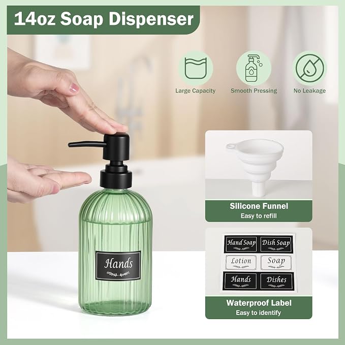 Shinowa Bathroom Accessories Set, 5 Pcs Clear Glass Bathroom Accessory Sets Complete with Soap Dispenser, Toothbrush Holder, Q-Tips Holder, Soap Dish, Ceramic Tray, Vanity Organizer, Green