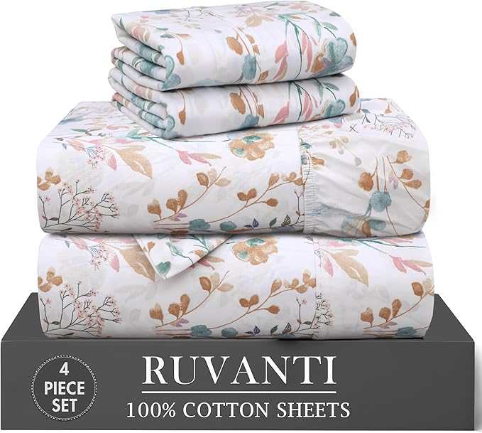 RUVANTI 100% Cotton Percale Sheets Twin Size 4 Piece Set, Cooling Bed Sheets for Hot Sleepers, Deep Pocket 16”, Breathable Lightweight & Durable, Crisp Hotel Style Sheets, Radiant