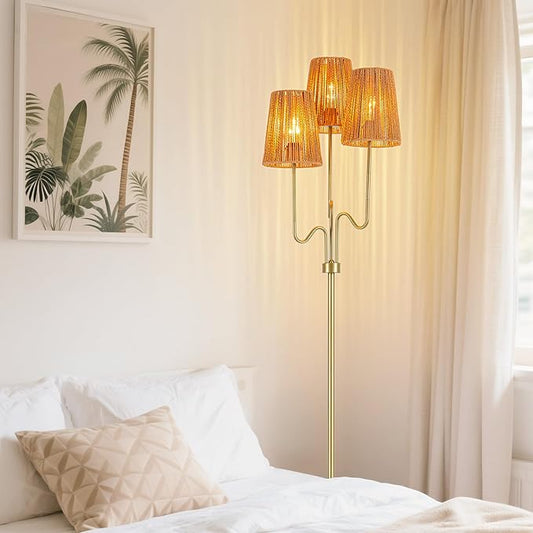 MAYNA Bohemian Floor Lamp, 68 in. Rattan Floor Lamp with Rattan Shade, 3-Light Tree-Shaped Stand Lamp for Bedroom, Nursery, E26 Socket, Living Room(Gold)