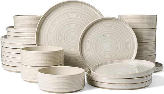 Stoneware Dinnerware Set, Highly Chip & Scratch Resistant Everyday Plates and Bowls for 8 (24pcs), Reactive Glaze Speckled Ceramic Straight Dishes with Gift Box, Microwave Dishwasher Safe, Shell Beige