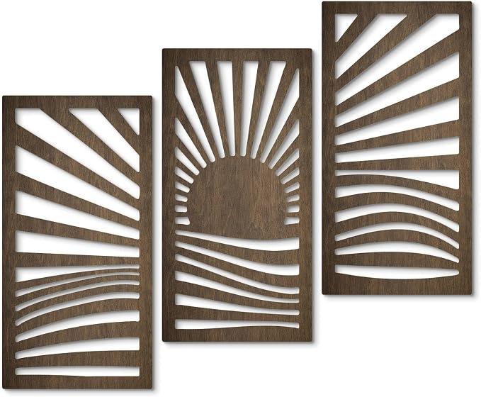 Putuo Decor Wooden Mid-Century Modern Wall Art Set of 3, Sunrise Landscape Wall Decor Nature-Inspired Geometric Artwork for Living Room Bedroom Entryway Dark Brown Modern Wall Sculpture