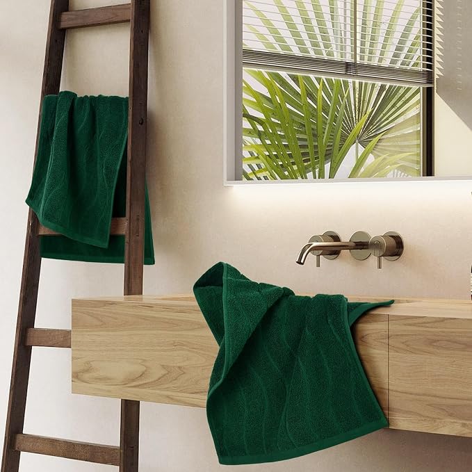 Jacquotha 4-Piece Hand Towels Set in Forest Green, Wavy Striped Jacquard Towels for Bathroom Kitchen Decor (13x29 Inches, 100% Cotton)