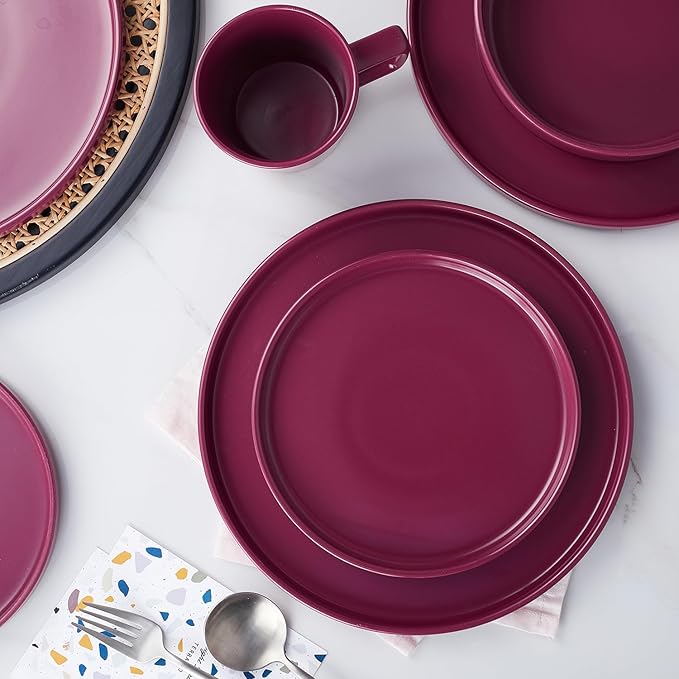 Stone Lain Cleo Stoneware 16-Piece Modern Dinnerware Set, Plates and Bowls, Magenta, Service for 4, Microwave & Dishwasher Safe