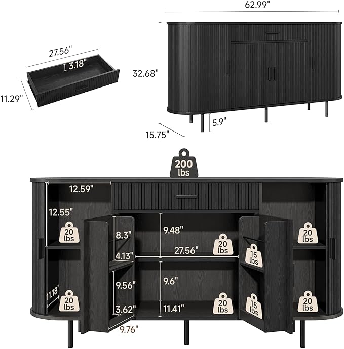 ONBRILL 63“ Sideboard Buffet Cabinet with Storage, Sideboard with 1 Drawer & 2 Door Shelves, Mid-Century Modern Kitchen Cabinets with Sliding Door, Coffee Bar Cabinet for Kitchen, Living Room, Black