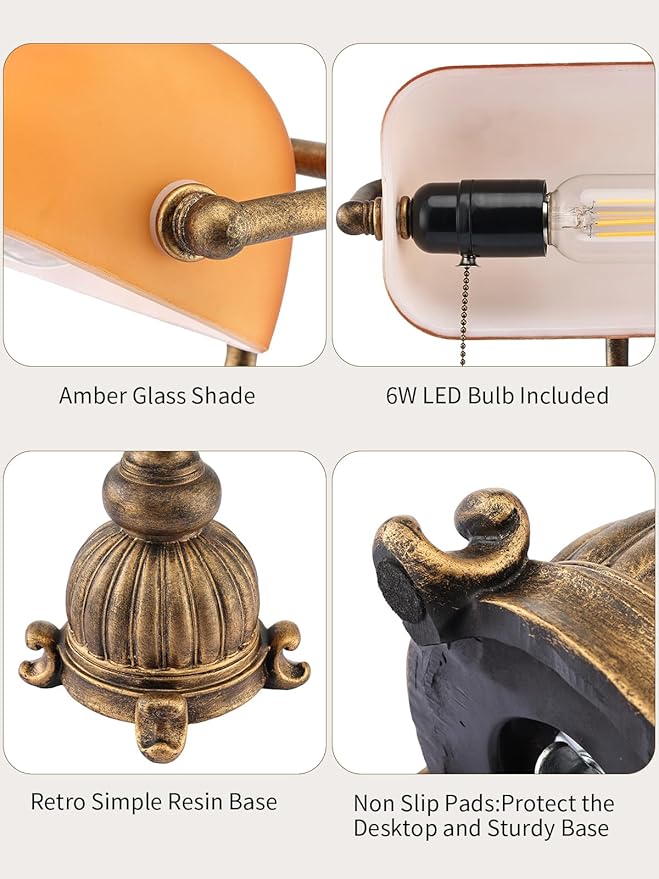 Retro Amber Glass Bankers Desk Lamp with Pull Chain Switch for Home Office, Library, Plug in Fixture, LED Bulb Included