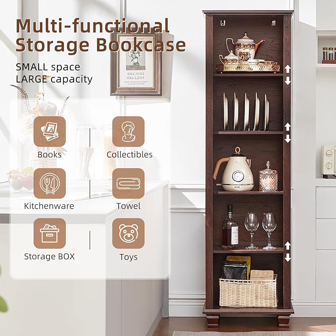 SAVOR LIFE Narrow Walnut Book Shelf, 70" Tall Skinny Bookshelf with Adjustable Shelves & Wooden Legs, Farmhouse Wood Bookcase w/5-Tier Open Storage, Free Standing Book Case for Office, Living Room