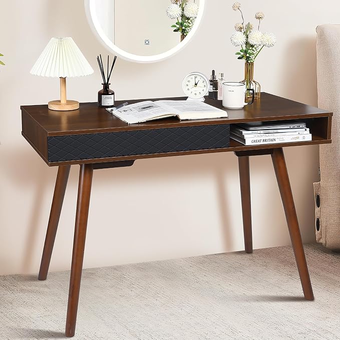 Small Office Desk, Mid Century Modern Writing Desk with Drawers, 42 Inch Wooden Computer Table for Study Room Bedroom (Walnut+Black)