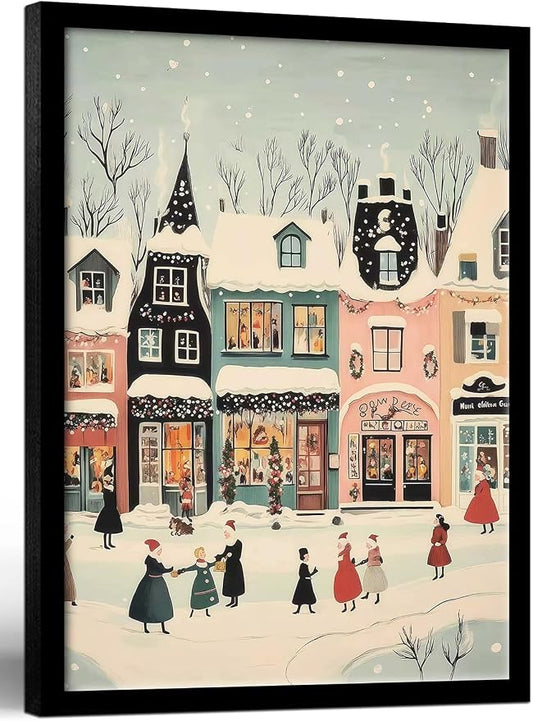 Framed Winter Street Scene Canvas Wall Art Retro Painting Print Poster Picture Gallery Wall Decor Living Room Bedroom Dining room 12X16 Inch Ready to Hang