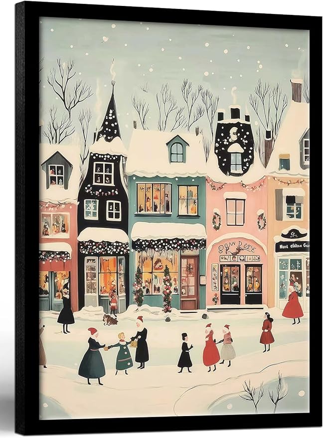 Framed Winter Street Scene Canvas Wall Art Retro Painting Print Poster Picture Gallery Wall Decor Living Room Bedroom Dining room 16X24 Inch Ready to Hang