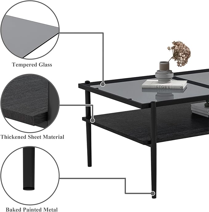 Mid Century Modern 2-Tier Coffee Table with Gray Tempered Glass Top & Wood Storage Shelf – Space-Saving Center Table for Living Room, Apartment & Small Spaces (Black)