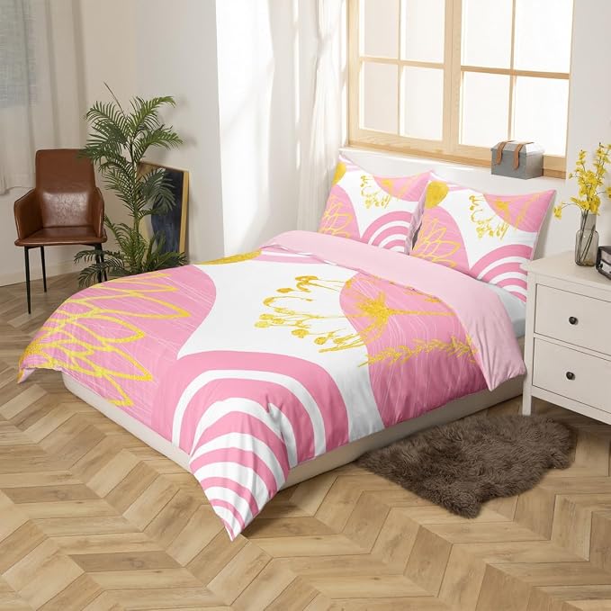 Erosebridal Mid Century Modern Duvet Cover Full Size for Kids Girls Teens - Pink and White Abstract Comforter Cover Boho Minimalist Aesthetic Bedding Set Chic Modern Geometric Bohemian Floral Bed Set