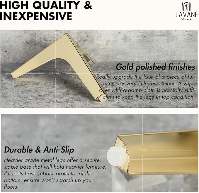 La Vane 5 Inch Metal Furniture Legs, Set of 4 - Modern Diamond Triangle Gold DIY Replacement Feet Corner Legs for Cabinet, Sofa, Sideboard, Couch, Dresser Makeover