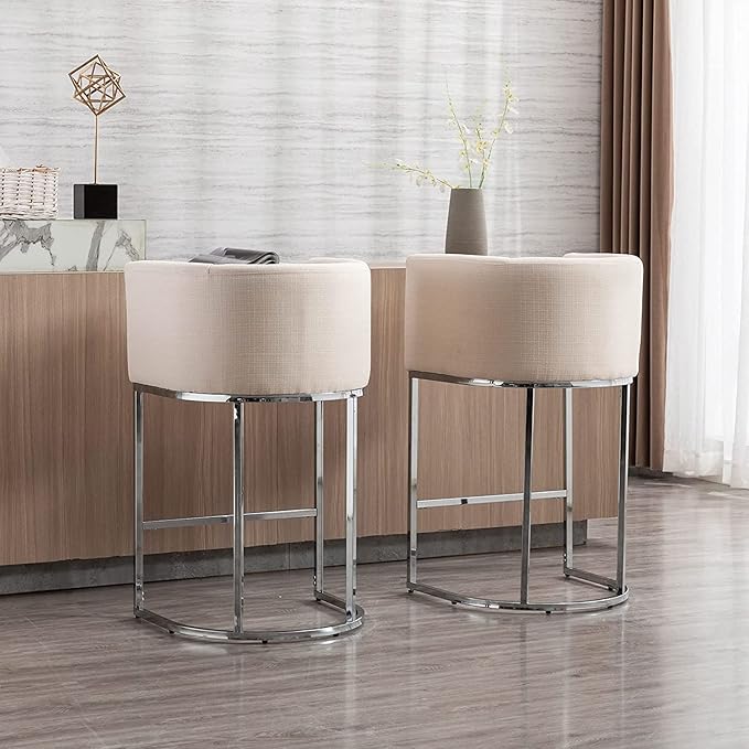 Contemporary Cream Linen Bar Stools Set of 3, 29" Upholstered Fabric Counter Height Barstools Kitchen Counter Island Stools with Screwed Together Chrome Finish Base