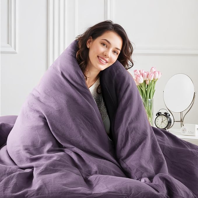 NEXHOME PRO Queen Duvet Cover Set, 100% Washed Cotton with Linen-Like Texture, Natural Organic, Breathable & Comfortable, Includes Home Bedding Set Dusty Purple (No Comforter) 9090