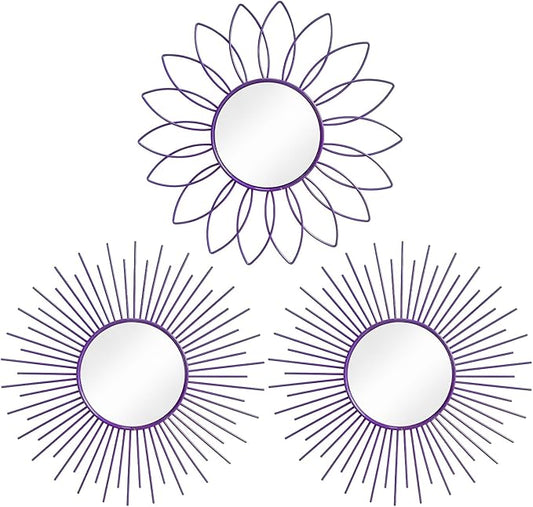 3 Pack Metal Mirrors for Wall Sunburst Wall Mirrors Home Décor Decorative Hanging Wall Art for Living Room Bedroom Entryway (Purple, Flower+Sunburst)
