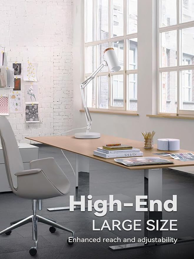 TORCHSTAR Tall Swing Arm Desk Lamp with Wooden Accent, Adjustable Large Size Max Height 31", E26 Base Metal Task Lamp, Office Desktop Lamp with On/Off Switch, for Reading, Study, Workbench, White