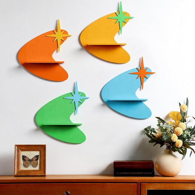 Threehoney Mid-Century Modern Wall Set of 4 Colorful Floating Display Shelves Retro Style Starburst Wall Mounted Shelves Storage for Bedroom, Living Room Decor(Star-Shaped Burst)