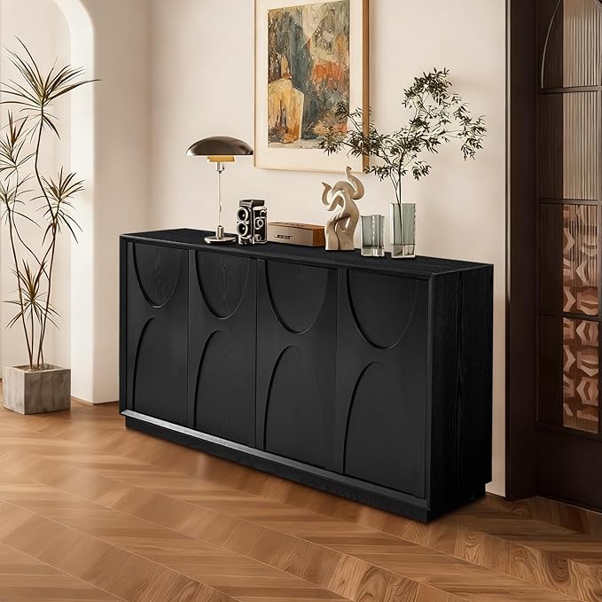 Sideboard Buffet Cabinet, Accent Storage Cabinet with 4 Doors and Adjustable Shelf, Farmhouse Mid Century Modern Buffet Sideboard for Living Room, Kitchen, Entry (Black)