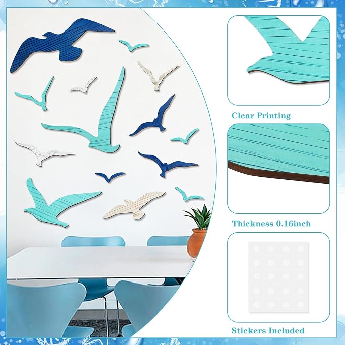 Meching 14Pcs Wooden Seagull Wall Decor, Nautical Coastal Theme Beach Wall Art, Self-Adhesive Sea Birds Ocean Sculpture Vintage Ornaments for Home Living Room Kitchen Bathroom Bedroom Office