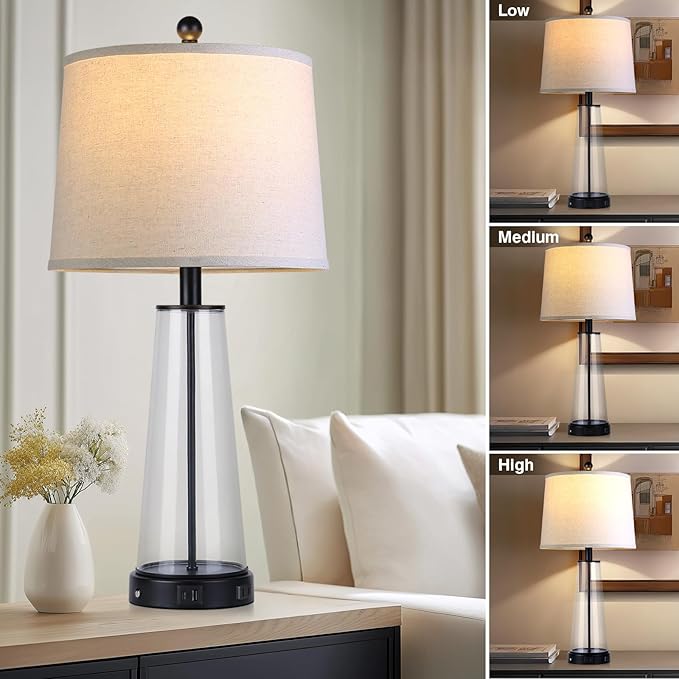 26" Glass Table Lamp Set of 2 with USB C+A Ports and AC Outlet, 3 Way Touch Modern Bedside Lamps for Night Stands, Black Nightstand Lamps for Bedroom Living Room
