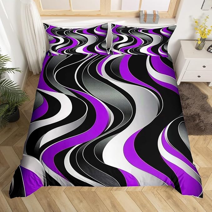 Erosebridal Geometric Wavy Lines Duvet Cover Toddler for Kids Boys Girls,Minimalist Abstract Art Comforter Cover,Modern Aesthetic Bedding Set,Purple Grey Black Bed Set with 1 Pillowcase Bedroom Decor