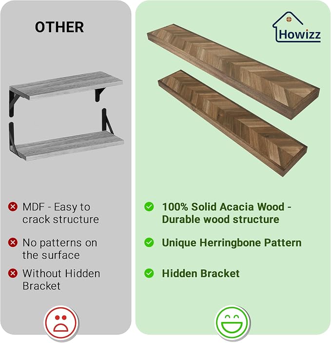 Howizz 24'' Chevron Floating Shelves for Wall, Acacia Wood Wall Mounted Shelves with Invisible Brackets, Rustic Wooden Shelf Set of 2 for Living Room, Bedroom, Bathroom, Kitchen Decor, Dark Walnut