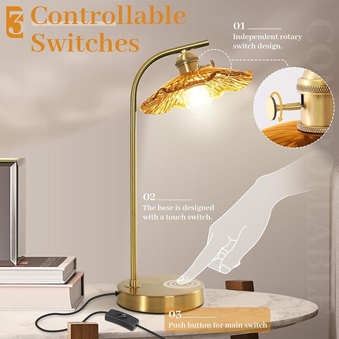Modern Table Lamp Gold Table Lamp Mid Centry Table Lamps Touch Bedside Lamp Glass Bedside Lamp with Amber Flower Shade Vintage Desk Lamp Small Nightstand Lamps for Bedroom Living Room Office