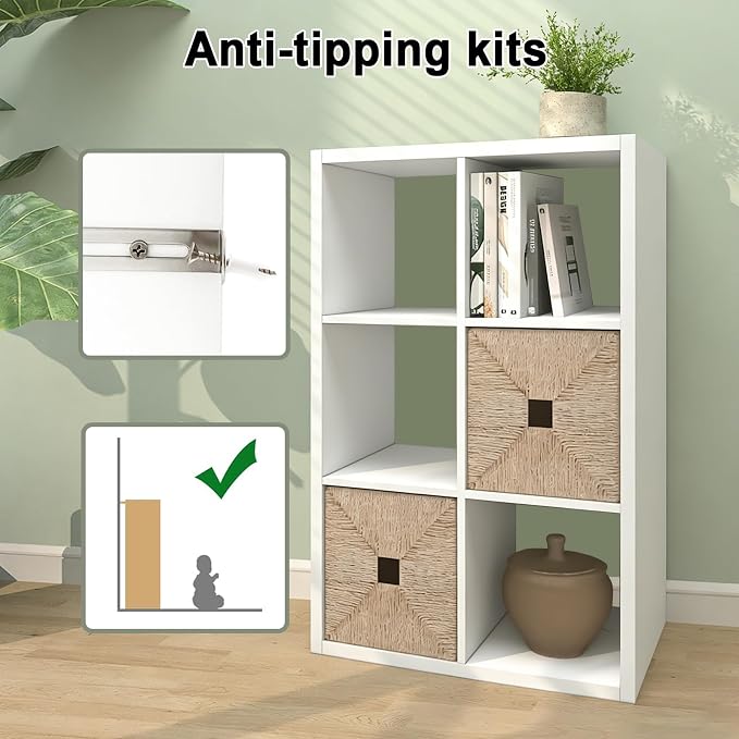 CTESNE【2026 Wooden Thick Frame 6 Cube Storage Organizer Shelf with Anti-Tipping Kits + Reversible Open Back Bookcase, Horizontal and Vertical Dual-use（White,11inch）
