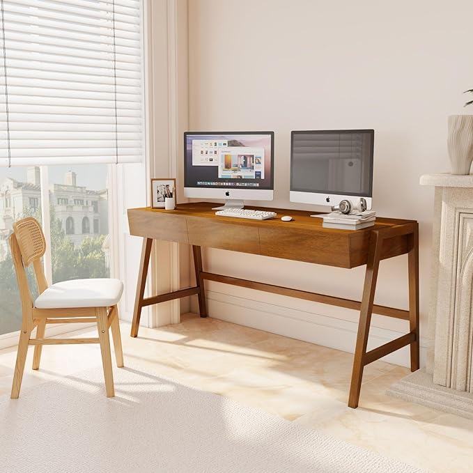 Wood Desk with Drawers Walnut Home Office Desk Mid Century Modern Writing Table for Bedroom Vanity Living Room Study Workstation